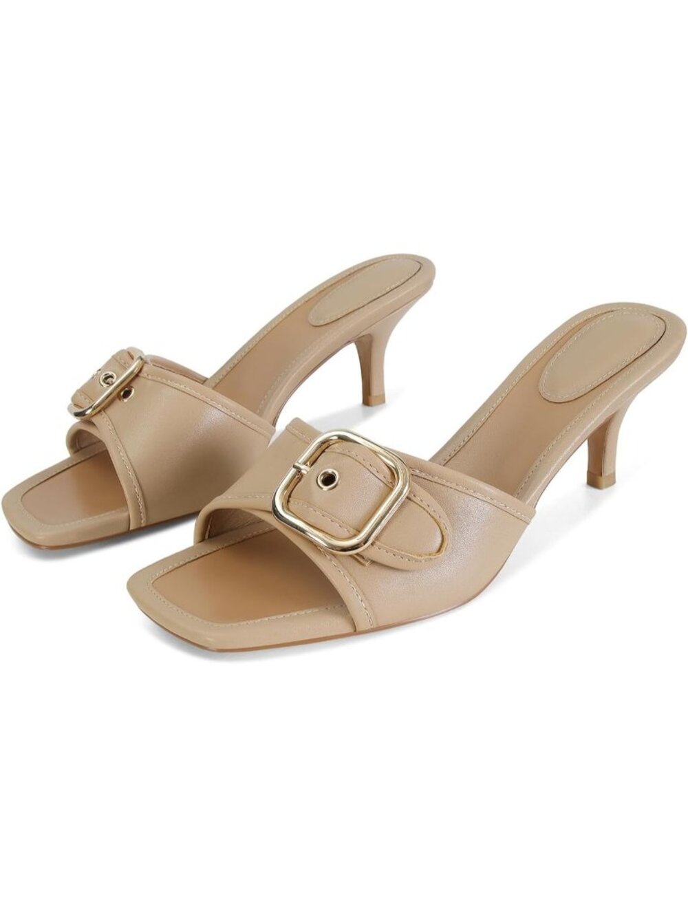 Women's Khaki Leather Square-Toe Buckle Accent Kitten Stiletto Heel Mule Sandal